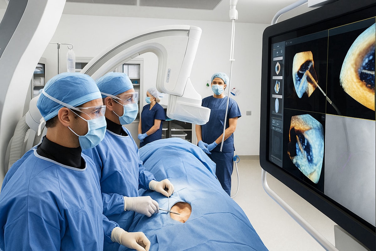 Surgeons in blue scrubs operating on a patient with wireless video monitors displaying medical data